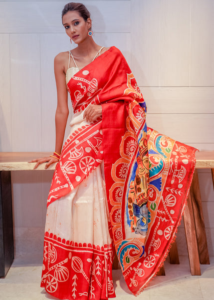 Exclusive pure silk handpainted red saree