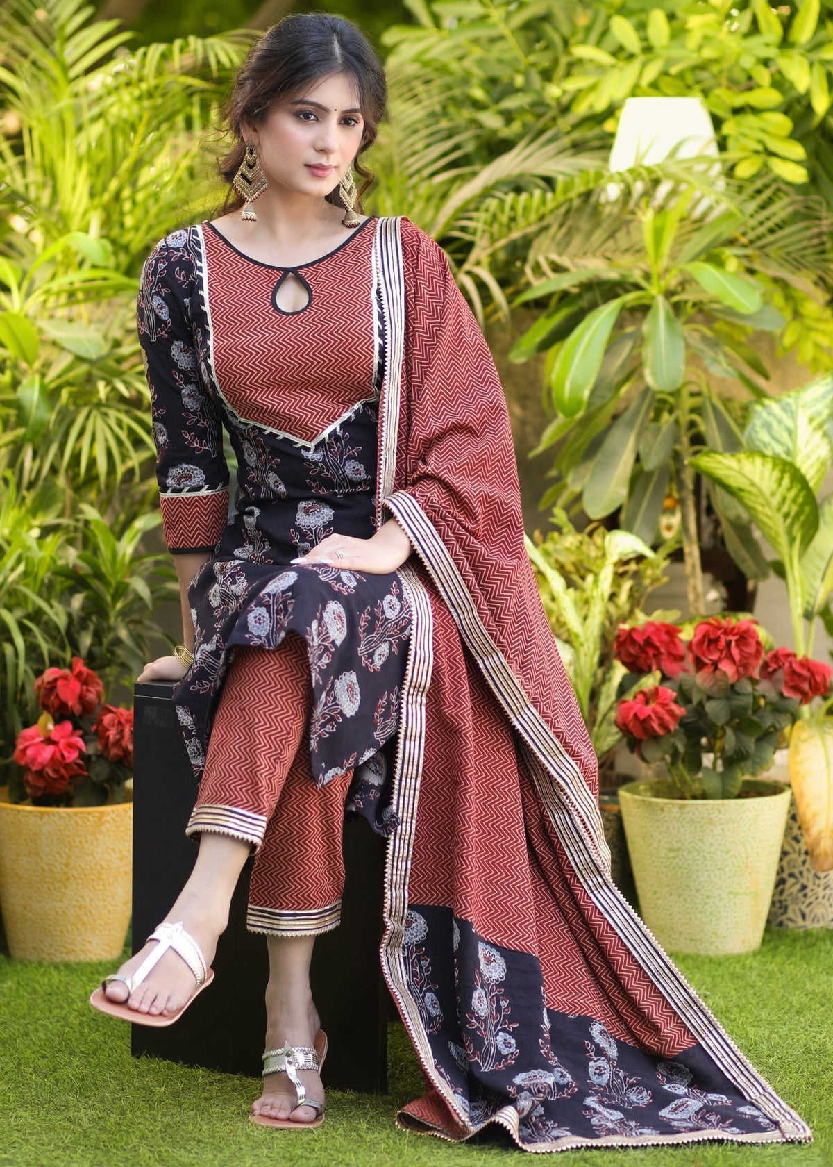 Dussehra Sale — Elegant Cotton Ajrakh Combination Gota Lace Kurta - Pant & Dupatta Optional