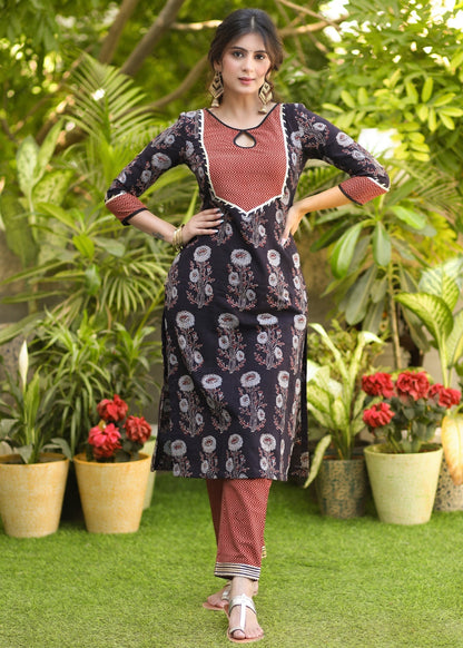 Elegant Cotton Ajrakh Combination Gota Lace Kurta