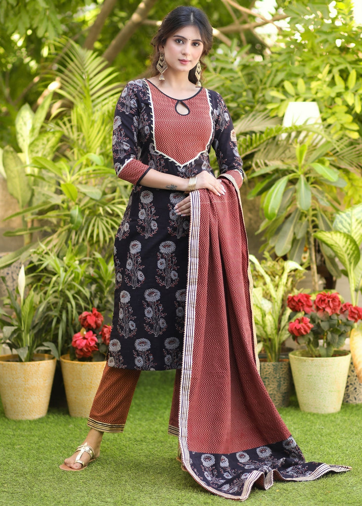 Elegant Cotton Ajrakh Combination Gota Lace Kurta with Pant - Dupatta Optional