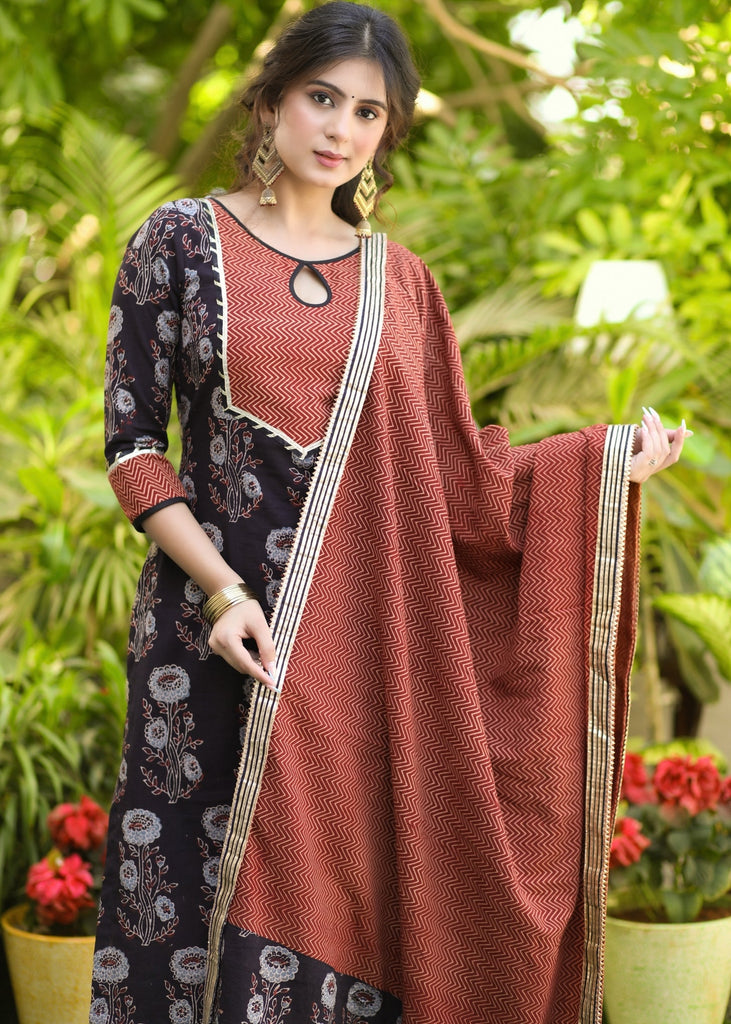 Elegant Cotton Ajrakh Combination Gota Lace Kurta with Pant - Dupatta Optional