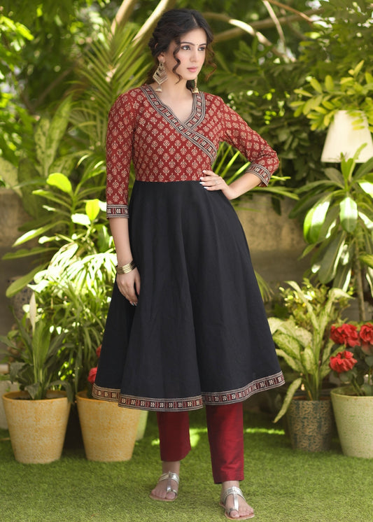 Classy Cotton Ajrakh Combination Flared Kurta - Pant Optional