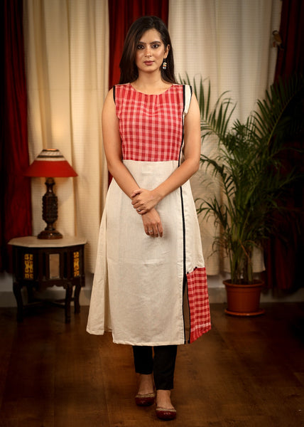 Off white Handloom Cotton Kurta Uniquely combined with  Red Gamcha Fabric