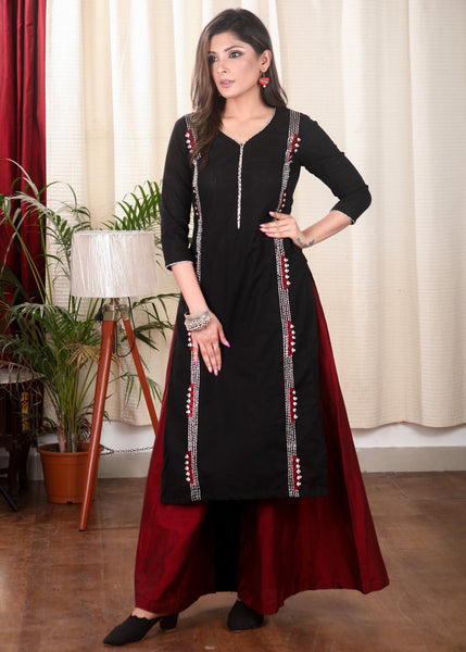 Black Straight Cut Cotton Kurta With Exclusive Full Length Embroidery