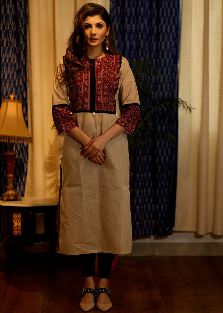 Straight Cut Cotton Handloom Kurta with Ajrakh  yoke and sleeves