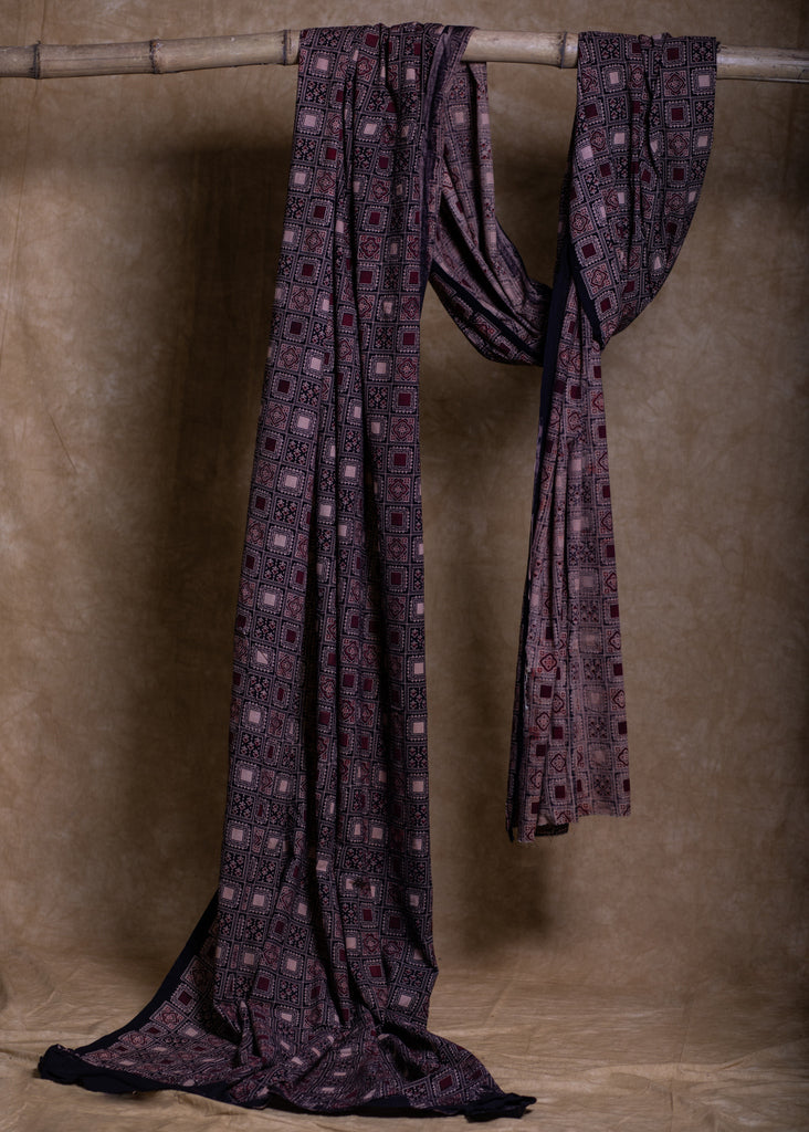 Black Square Shaped Print Cotton Ajrakh Fabric