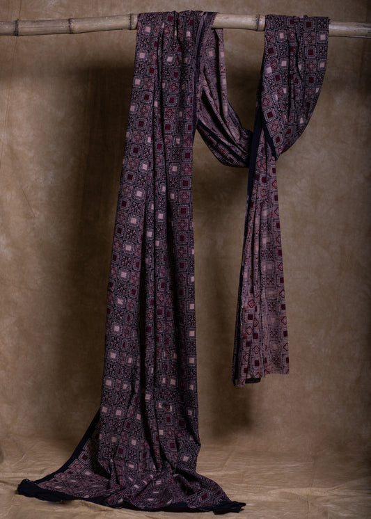 Black Square Shaped Print Cotton Ajrakh Fabric