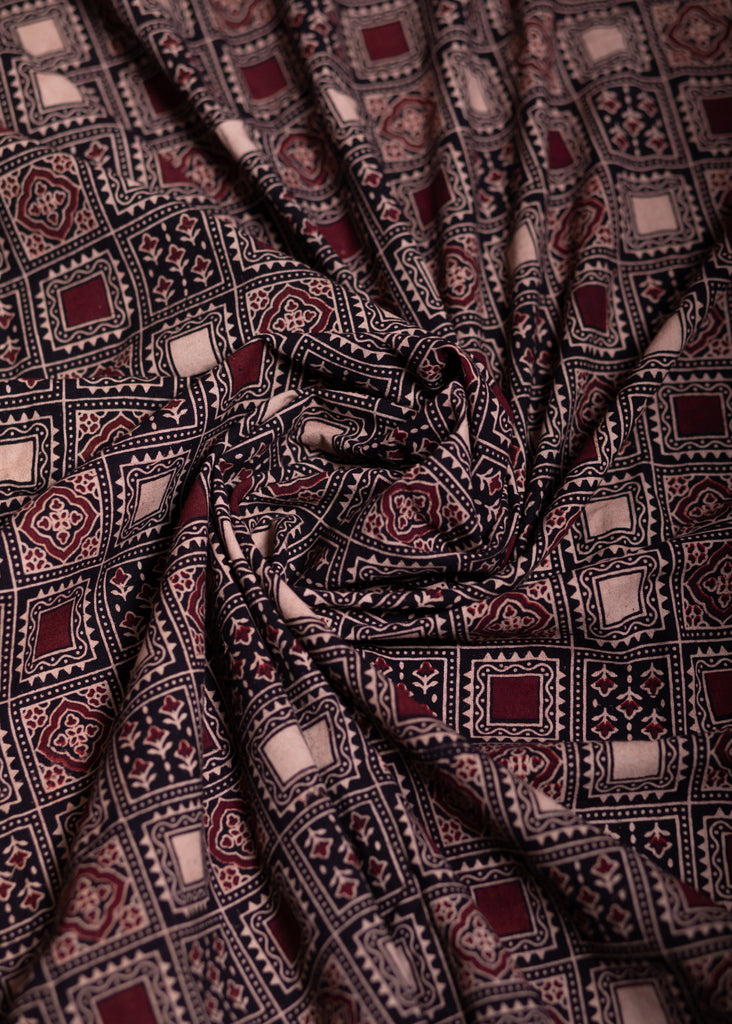 Black Square Shaped Print Cotton Ajrakh Fabric