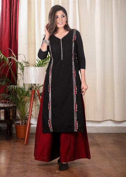 Black Straight Cut Cotton Kurta With Exclusive Full Length Embroidery
