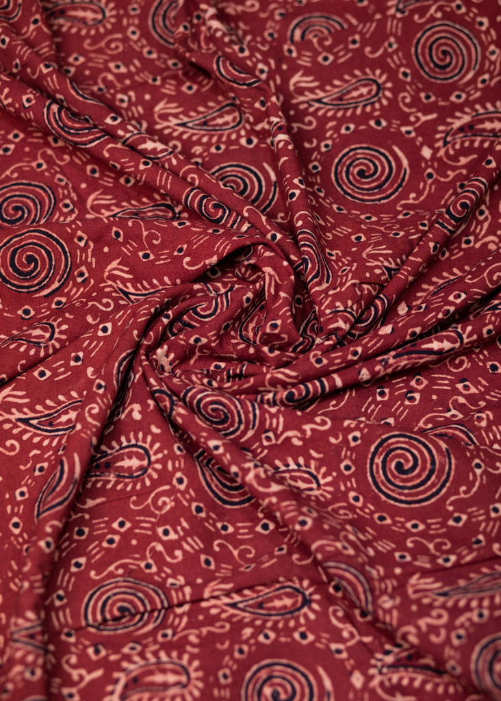 Maroon Round Print Cotton Ajrakh Fabric