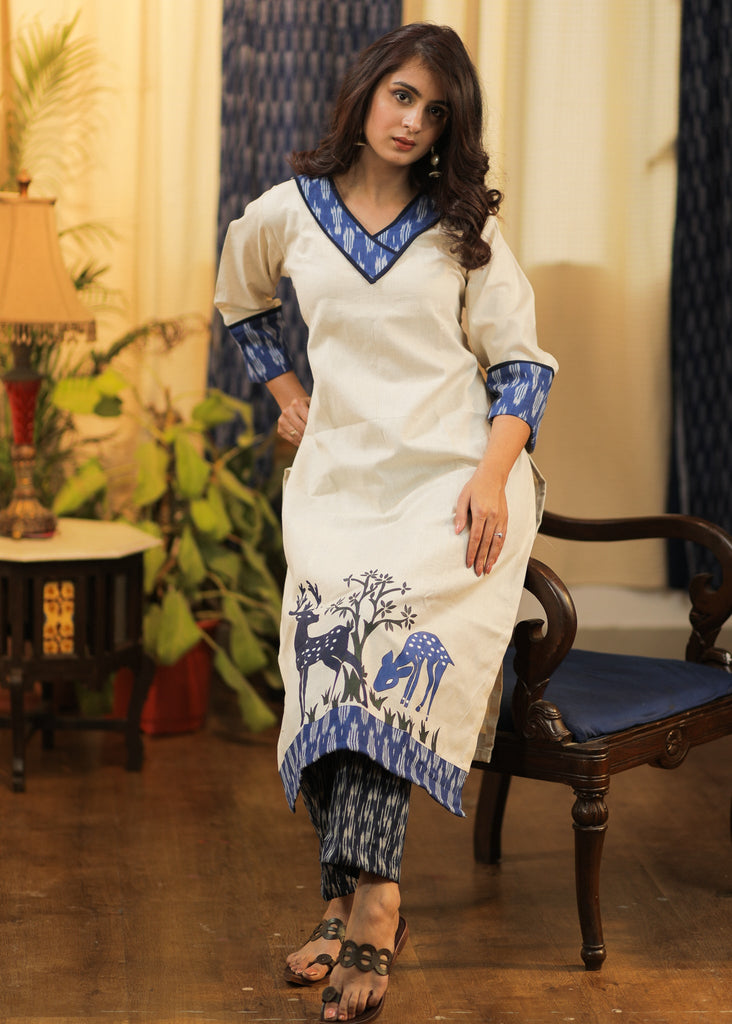 Straight Cut Cotton Handloom Kurta with Ikat and Deer Motif painted by hand