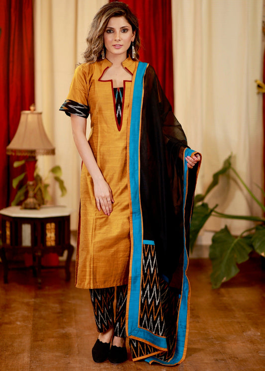 Straight Cut Cotton Silk Kurta with Ikat Details