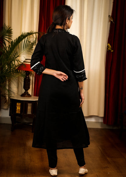 A-Line Black Cotton Ikat Kurta With Classy Hand Painted Horse  Motif