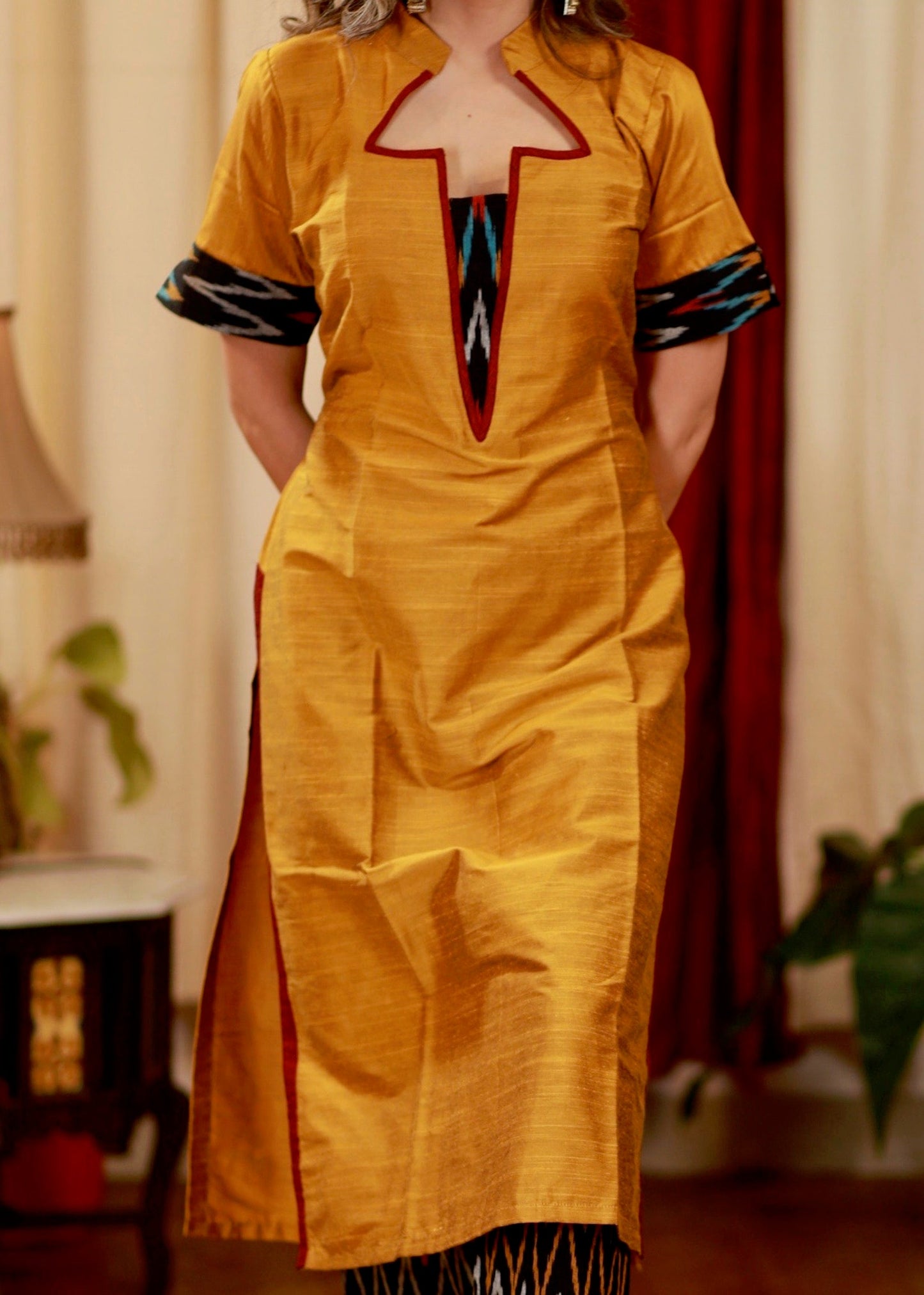 Straight Cut Cotton Silk Kurta with Ikat Details