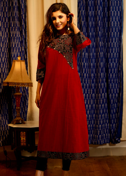 A-line Handloom Cotton  Kurta with Ajrakh Yoke and sleeves