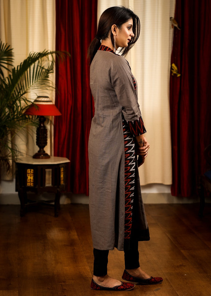 A-Line Black  & Grey Ikat Cotton Kurta With Unique embroidered Tribal  Motif