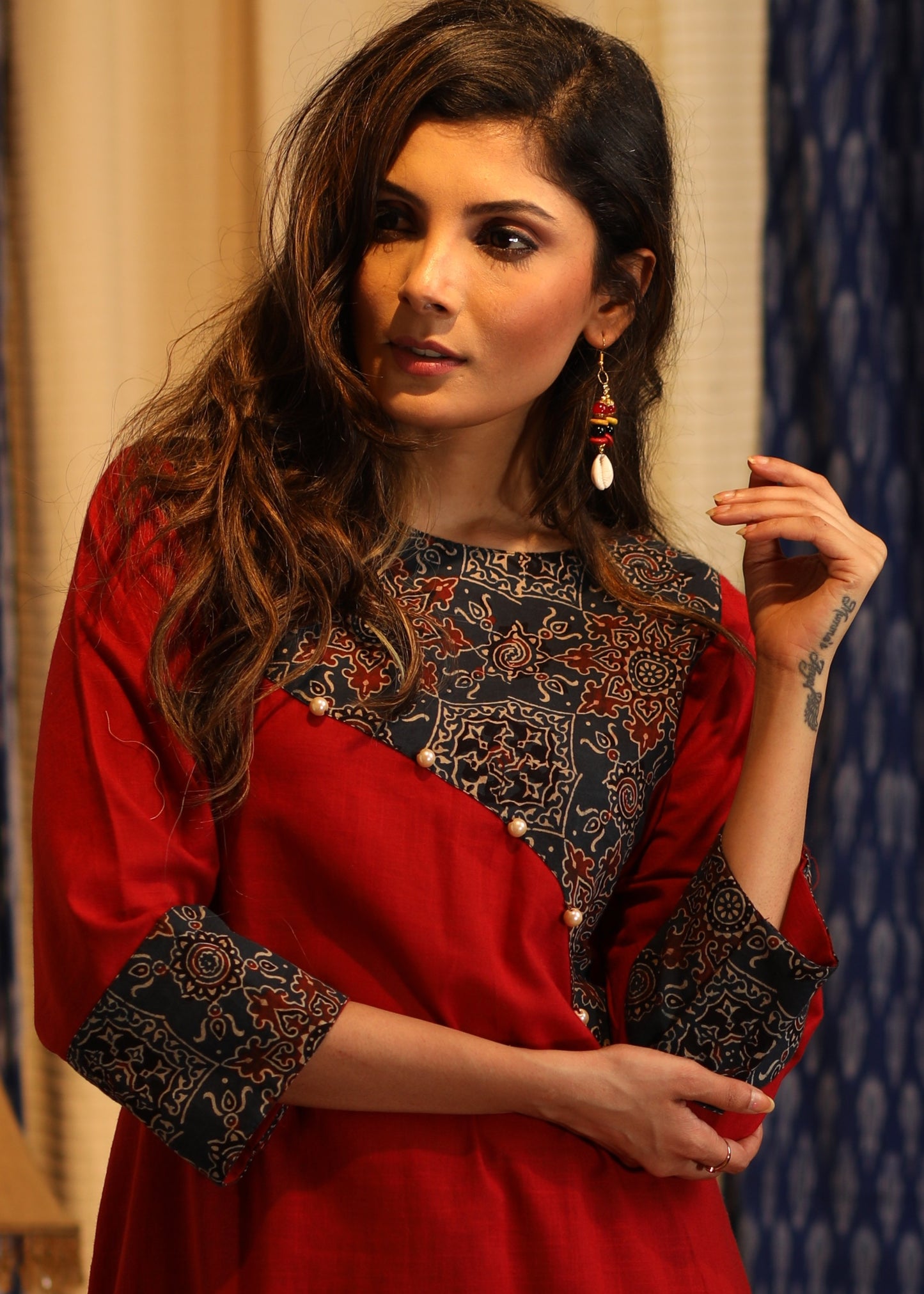 A-line Handloom Cotton  Kurta with Ajrakh Yoke and sleeves