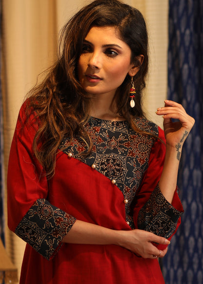 A-line Handloom Cotton  Kurta with Ajrakh Yoke and sleeves