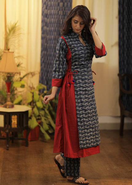 A-line Handloom Cotton  and Ikat kurta with Trendy tie strings