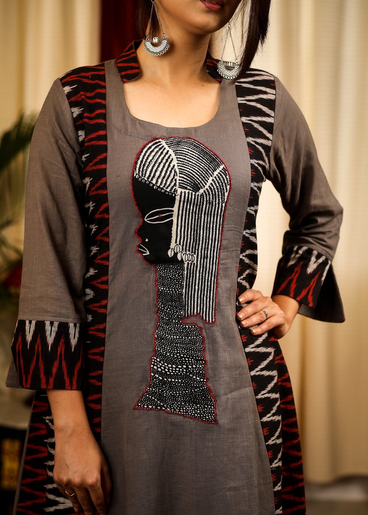A-Line Black  & Grey Ikat Cotton Kurta With Unique embroidered Tribal  Motif - Pant Optional