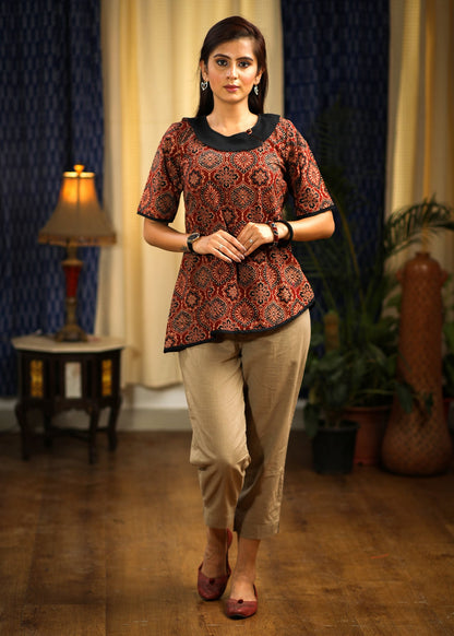 Maroon asymmetrical Ajrakh printed designer top