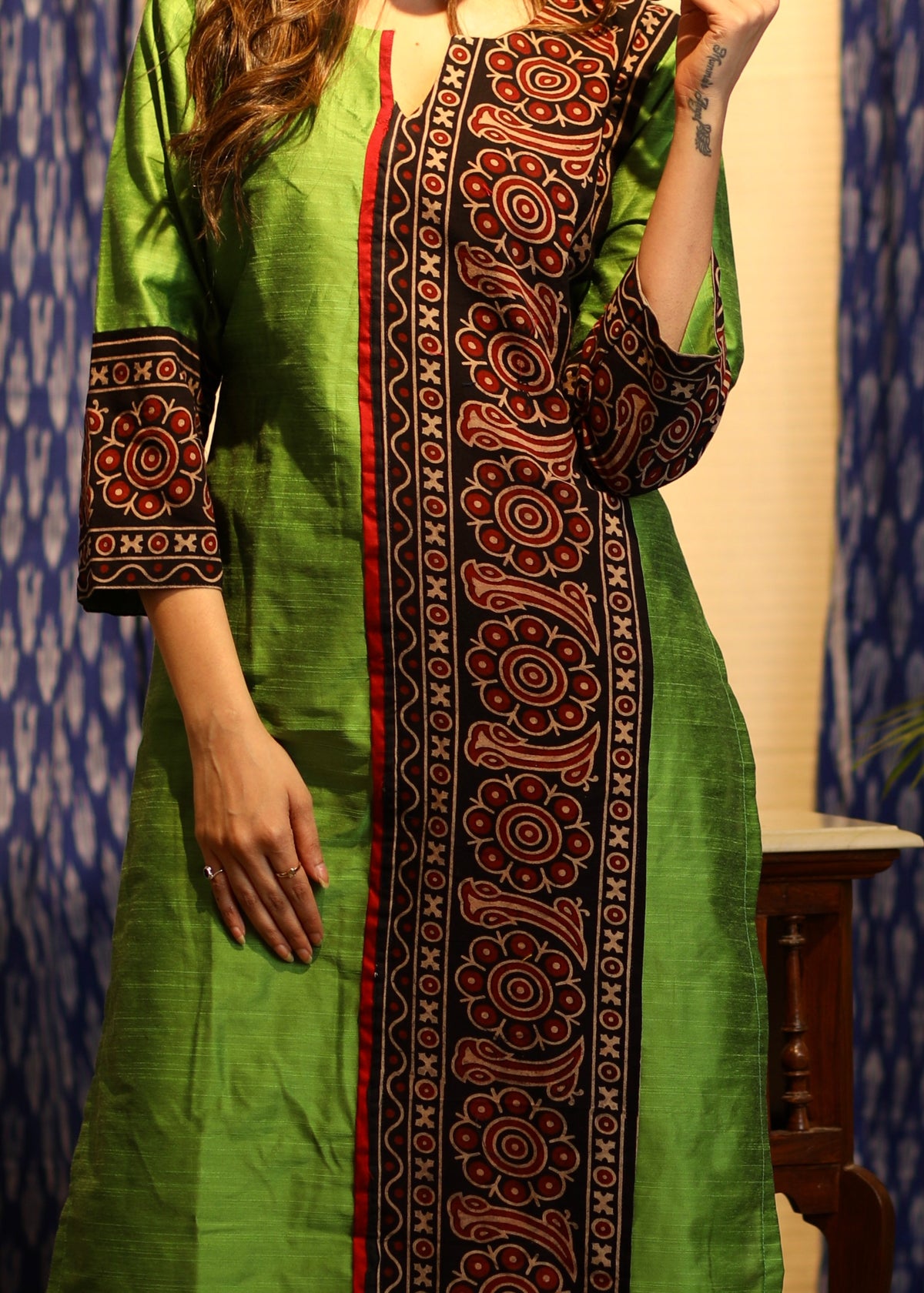 Dussehra Sale — Straight Cut Cotton Silk Kurta with Ajrakh  detail