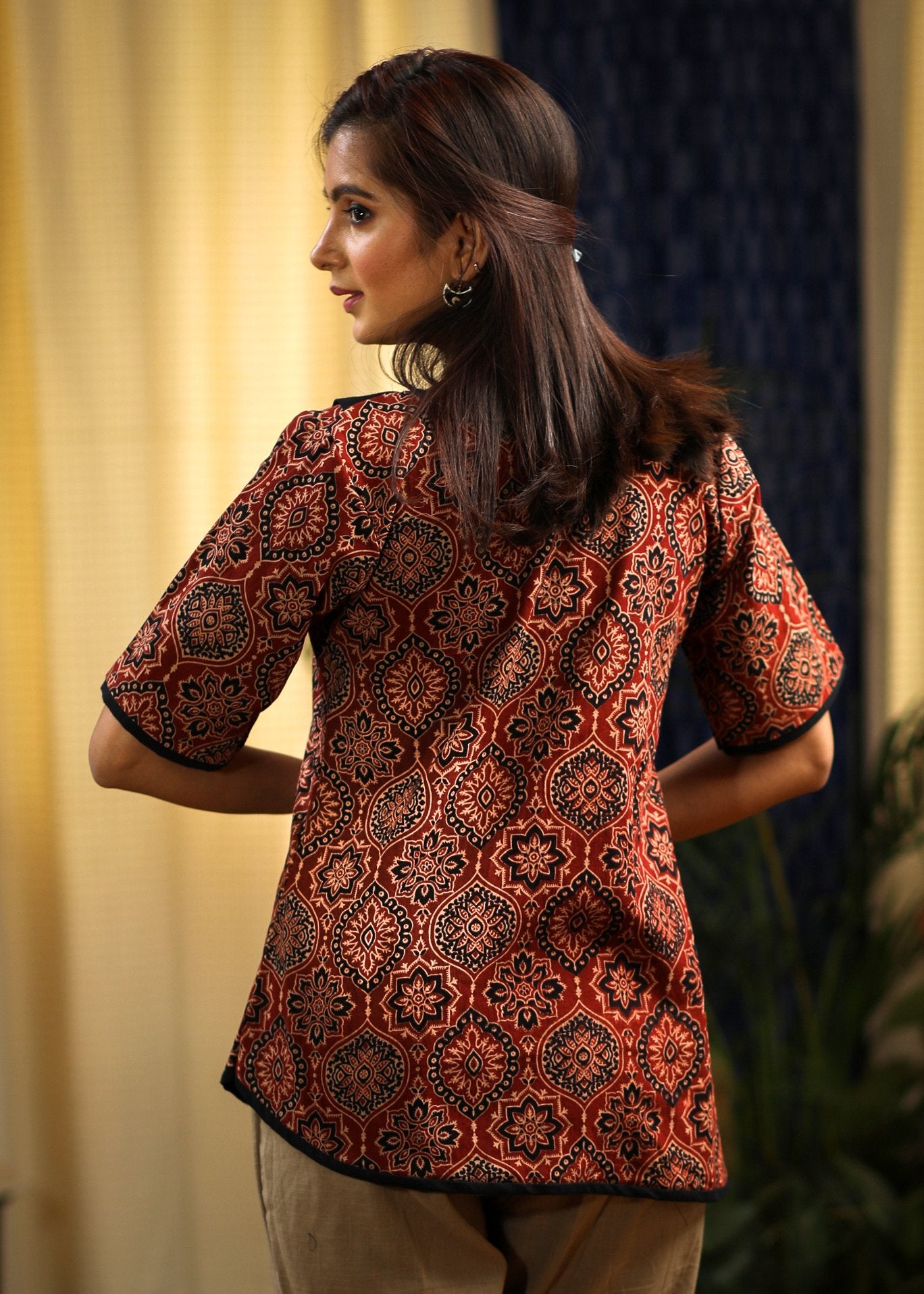 Maroon asymmetrical Ajrakh printed designer top