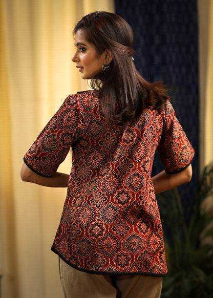 Maroon asymmetrical Ajrakh printed designer top