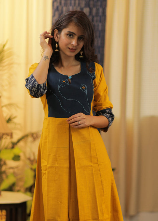 A-line Slightly Pleated Handloom Cotton  Kurta / One piece dress with Ikat and Hand Stitched Kites on the Yoke