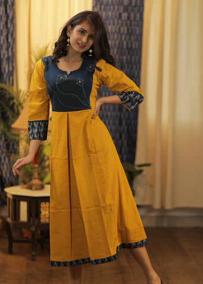 A-line Slightly Pleated Handloom Cotton  Kurta / One piece dress with Ikat and Hand Stitched Kites on the Yoke