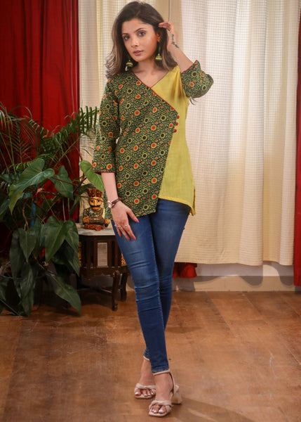 Lemon Yellow Block Printed Crossover Top