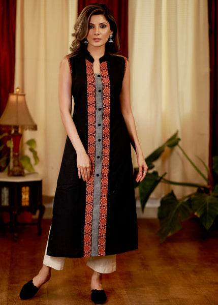 Straight Cut Cotton Handloom Kurta with Ajrakh Details and smart silhouette