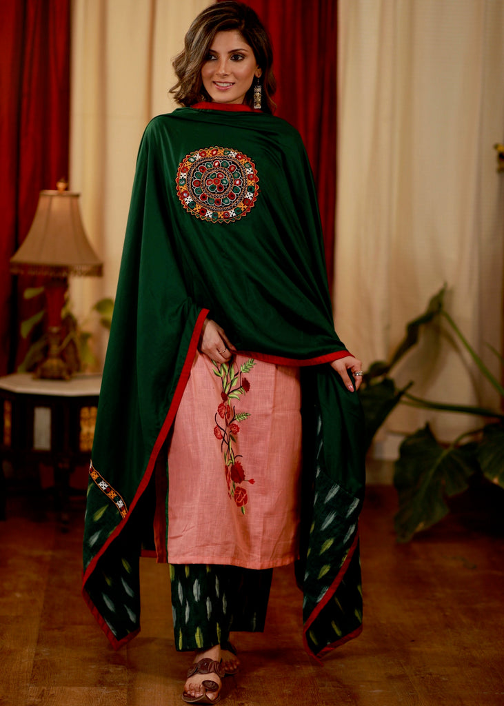 Bottle Green Crepe Dupatta with Ikat and exclusive Hand made Kutch Mirror work Embroidery