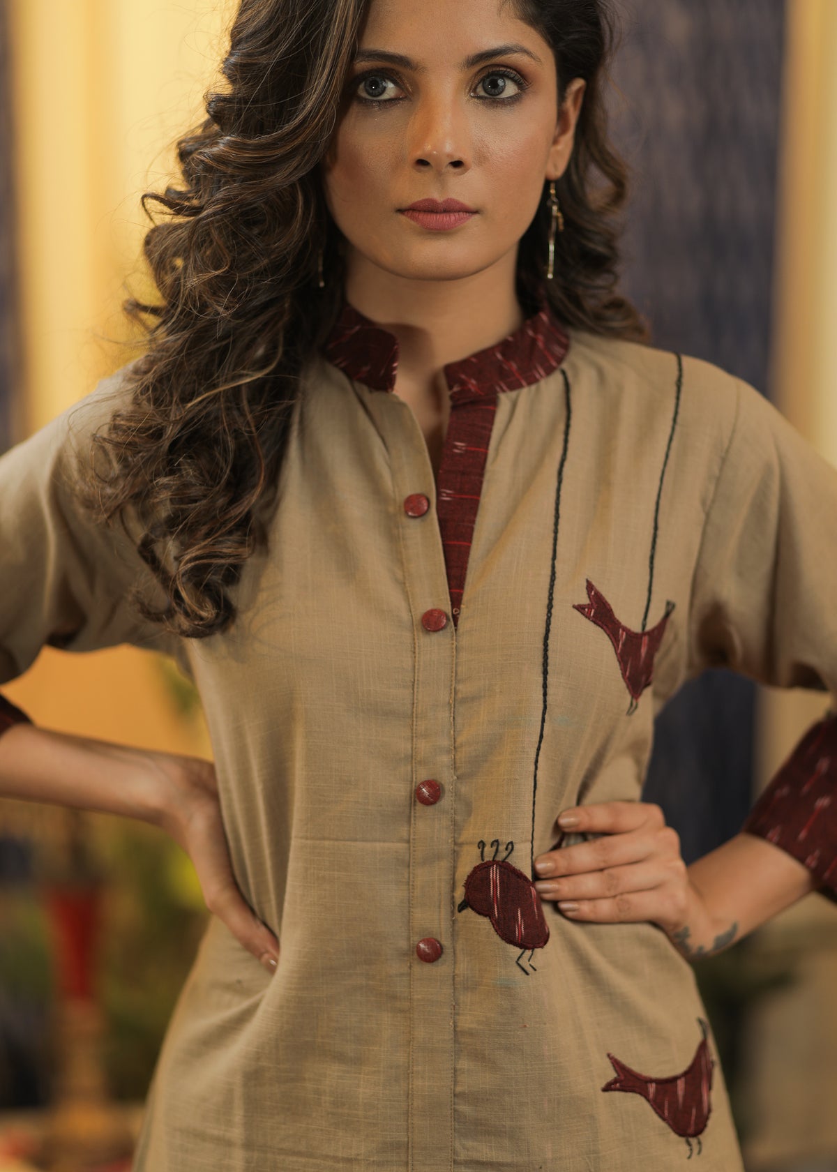 A-line Handloom Cotton kurta with exclusive Hand Cut Ikat Birds and Embroidery. - Pant Optional