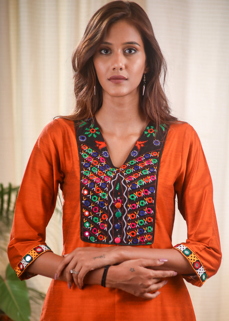 Kutch Embroidered Rust Cotton Silk Top