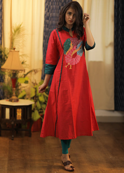 A- line Cotton Silk Kurta with Exclusive Hand painted Tribal Gond Art and Khun Details