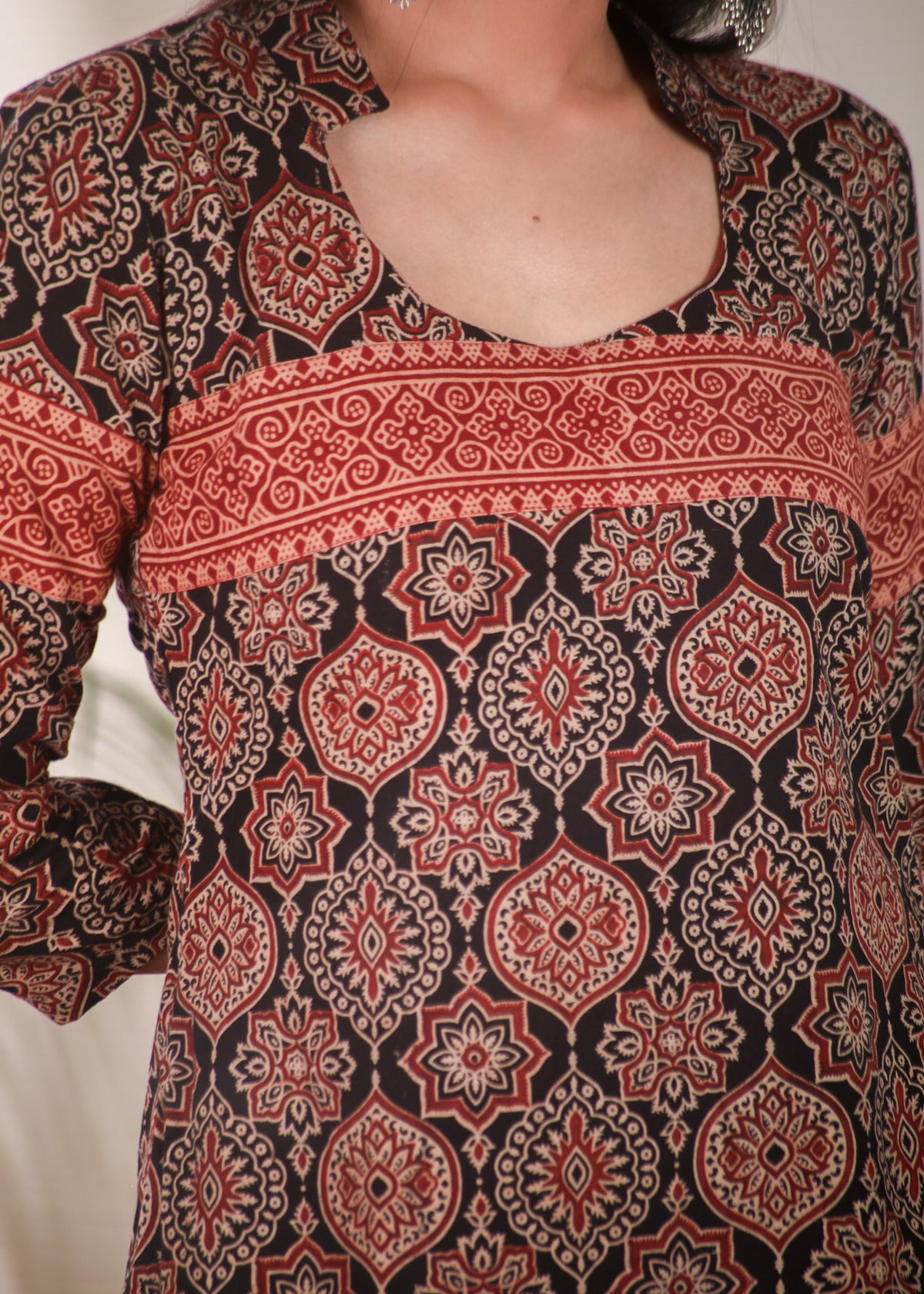 Comfortable Cotton A line Ajrakh Combination Kurta - Pant Optional