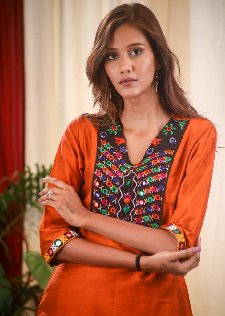 Kutch Embroidered Rust Cotton Silk Top