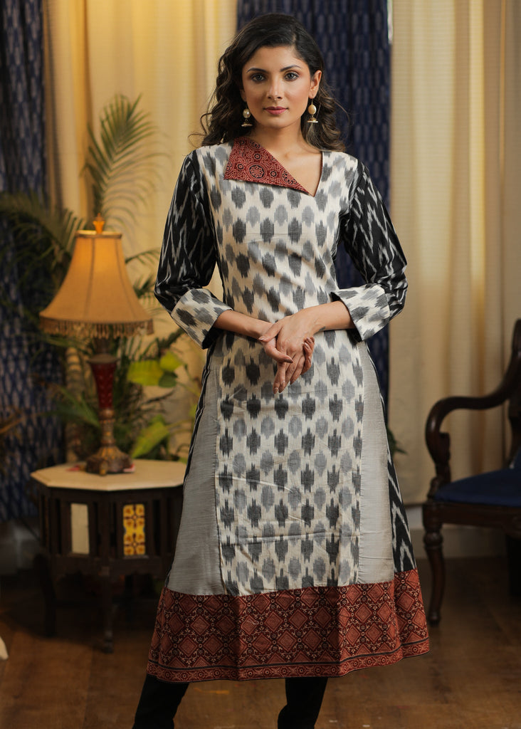 A-line Cotton  Silk kurta with Ikat and Ajrakh Combination