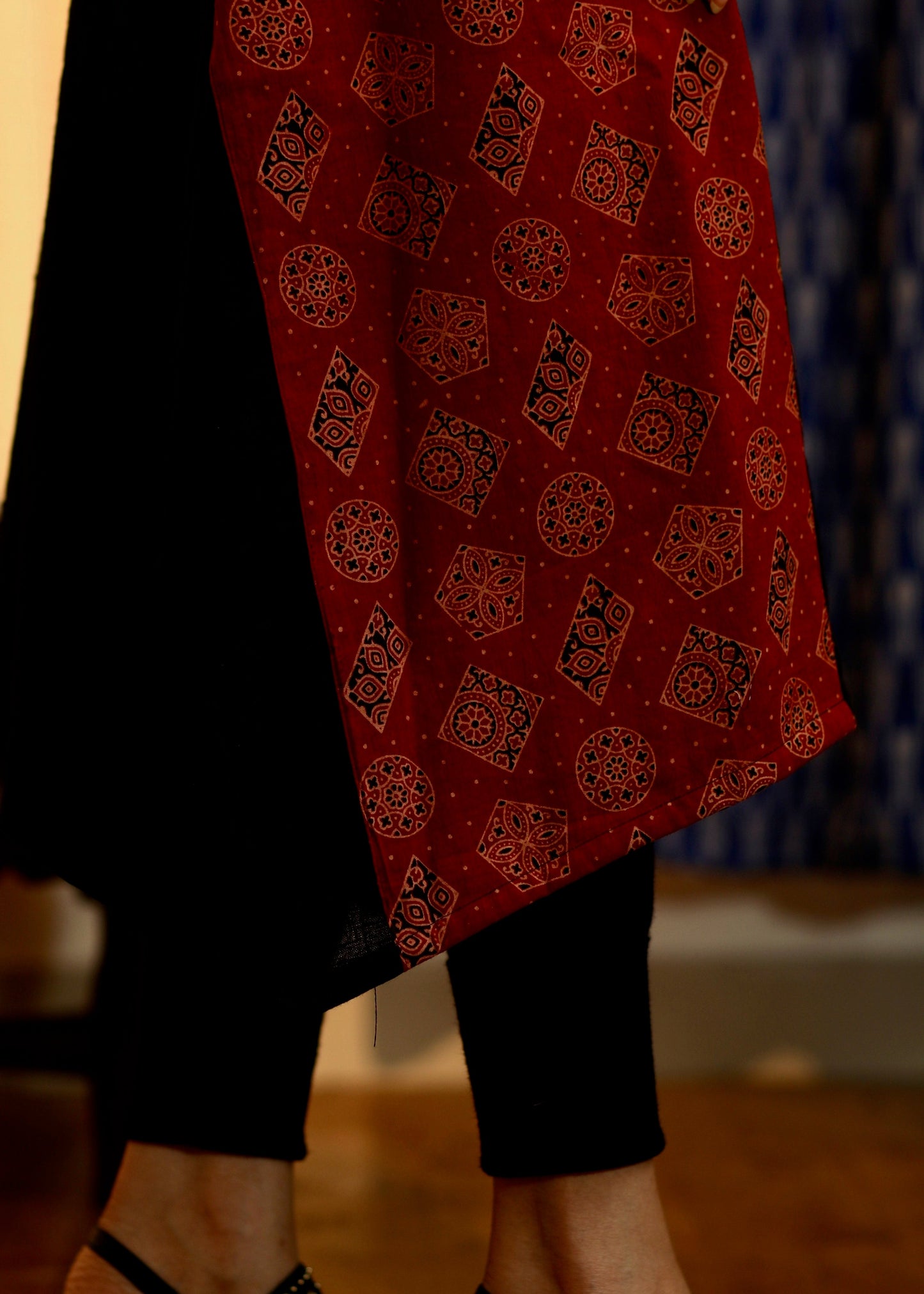 Asymmetric Handloom Cotton Kurta with Ajrakh Contrast