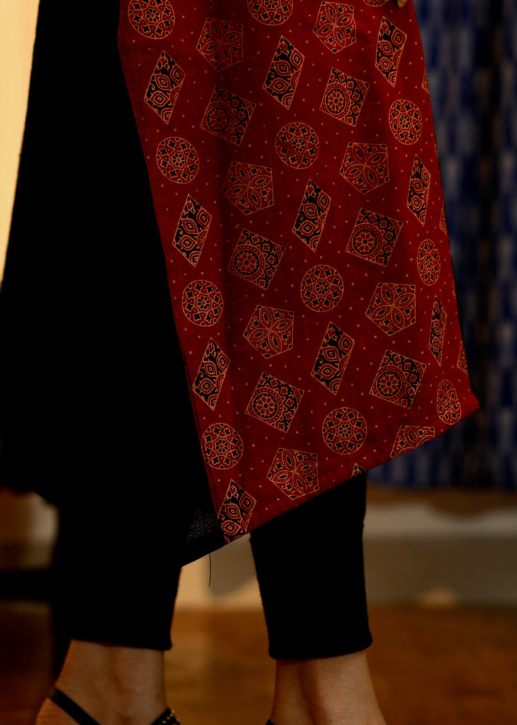 Asymmetric Handloom Cotton Kurta with Ajrakh Contrast