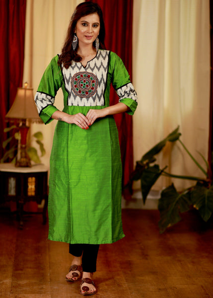 Straight Cut Cotton silk kurta with Ikat Yoke and  Handmade Kutch Mirror Work