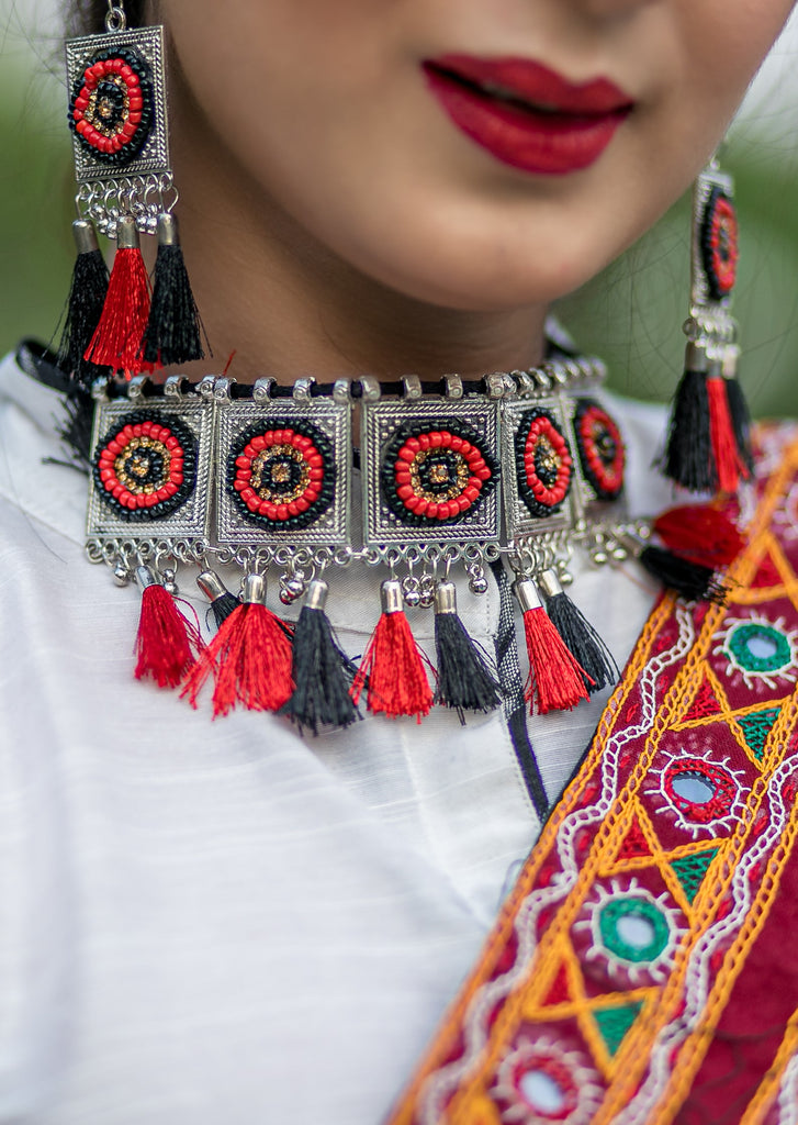 German Silver Oxidised beaded Afgani Choker in red & black  with matching earrings