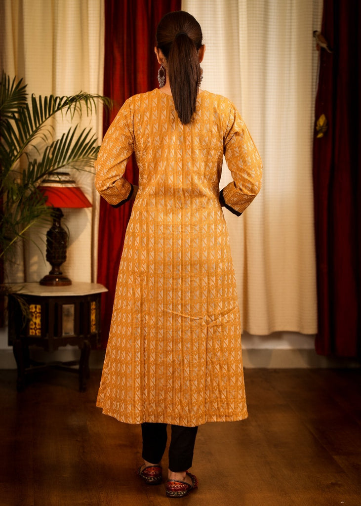 A-Line Mustard Color Self Embroidered Kurta with Mirror work embroidery and Handmade Kutch Mirror work Collar
