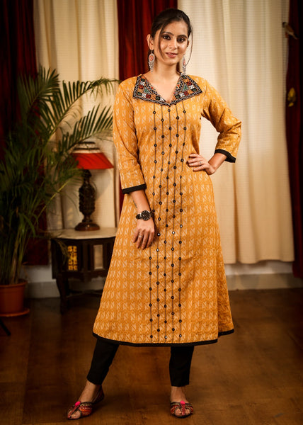 A-Line Mustard Color Self Embroidered Kurta with Mirror work embroidery and Handmade Kutch Mirror work Collar