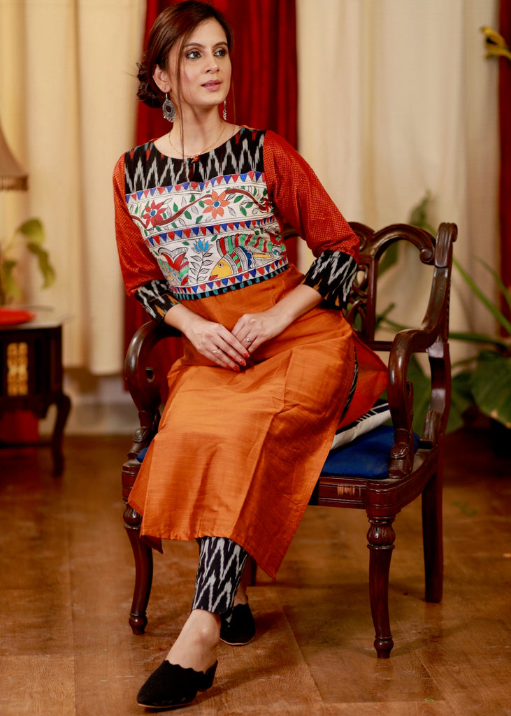 Straight Cut Cotton Silk Kurta with Exclusive Handpainted Madhubani work & Khun Sleeves
