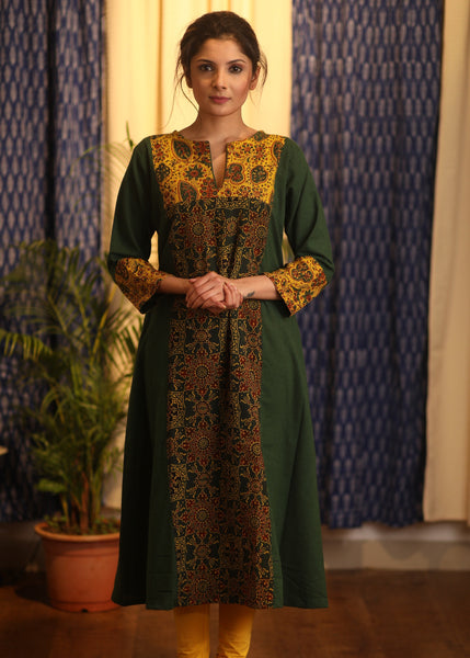 A-line Green Handloom cotton Kurta with Green and Yellow Ajrakh panel