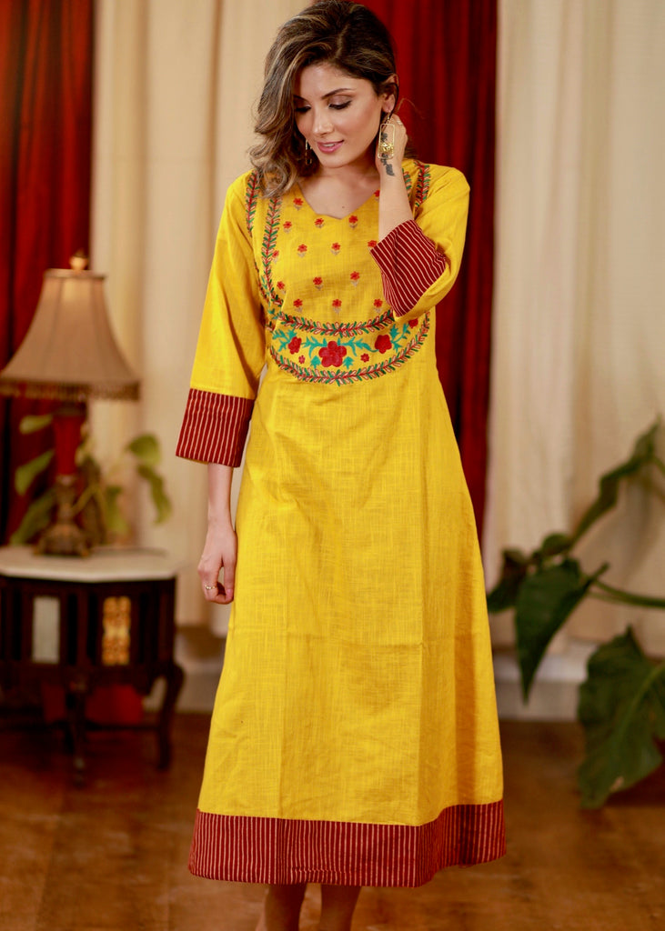 A-line Cotton Hanloom Kurta / One piece Dress with Exclusive Embroidery and Ajtakh Detail
