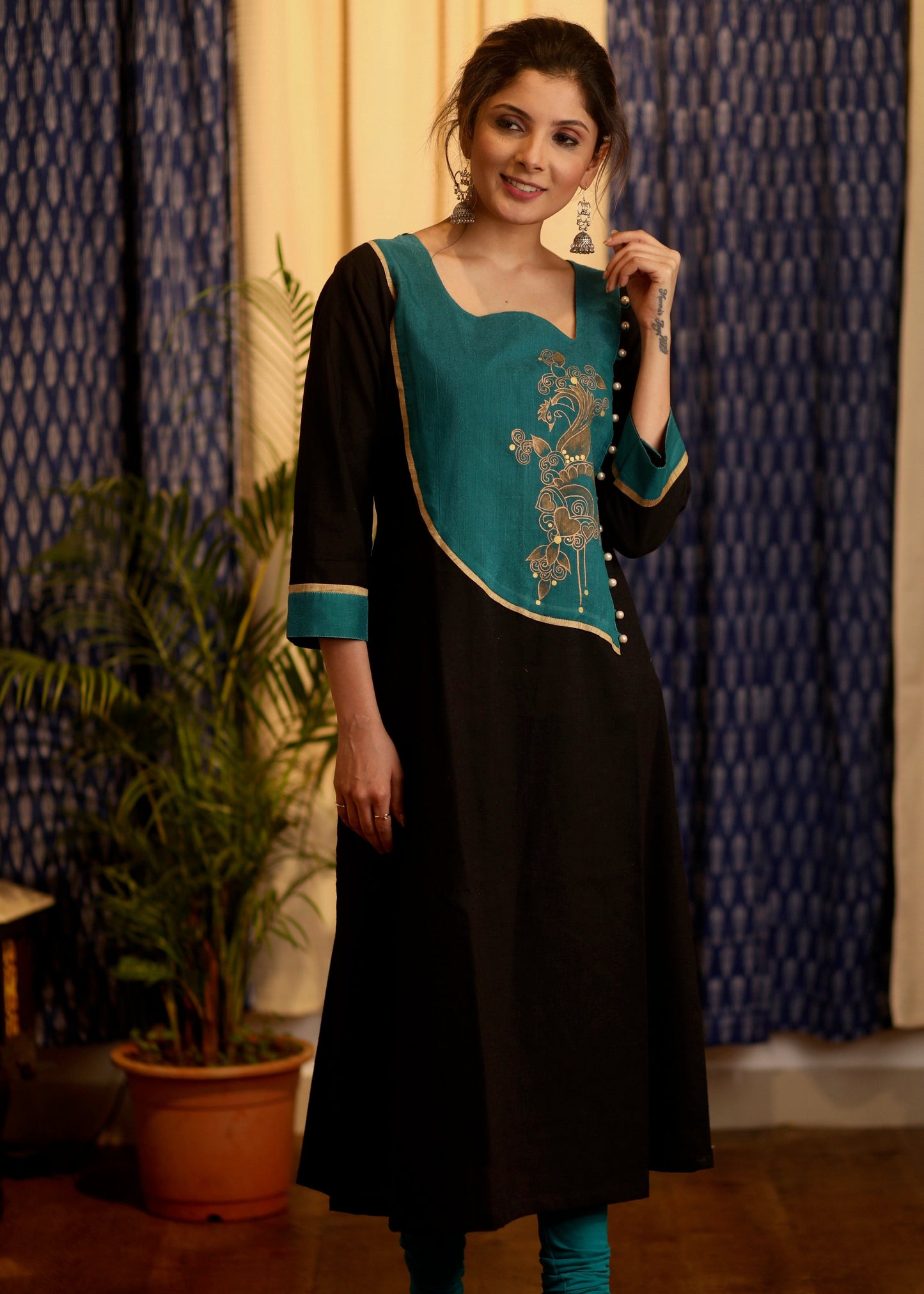 A line Black Cotton Silk  kurta with exclusive Hand-painted yoke