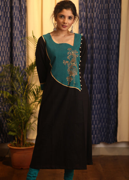 A line Black Cotton Silk  kurta with exclusive Hand-painted yoke
